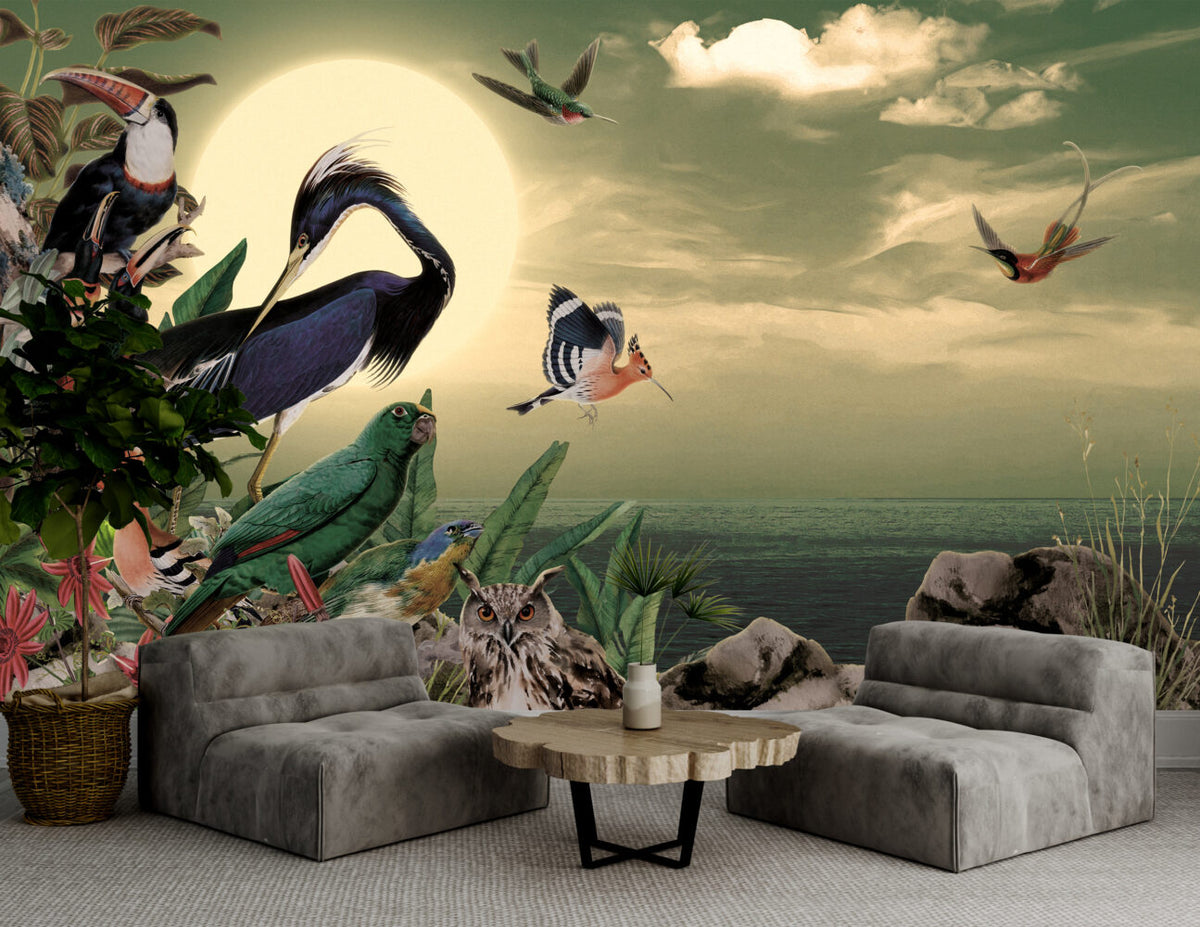 Exotic Birds Wallpaper : Heron and Hoopoe Moonlit Jungle Mural - View 4