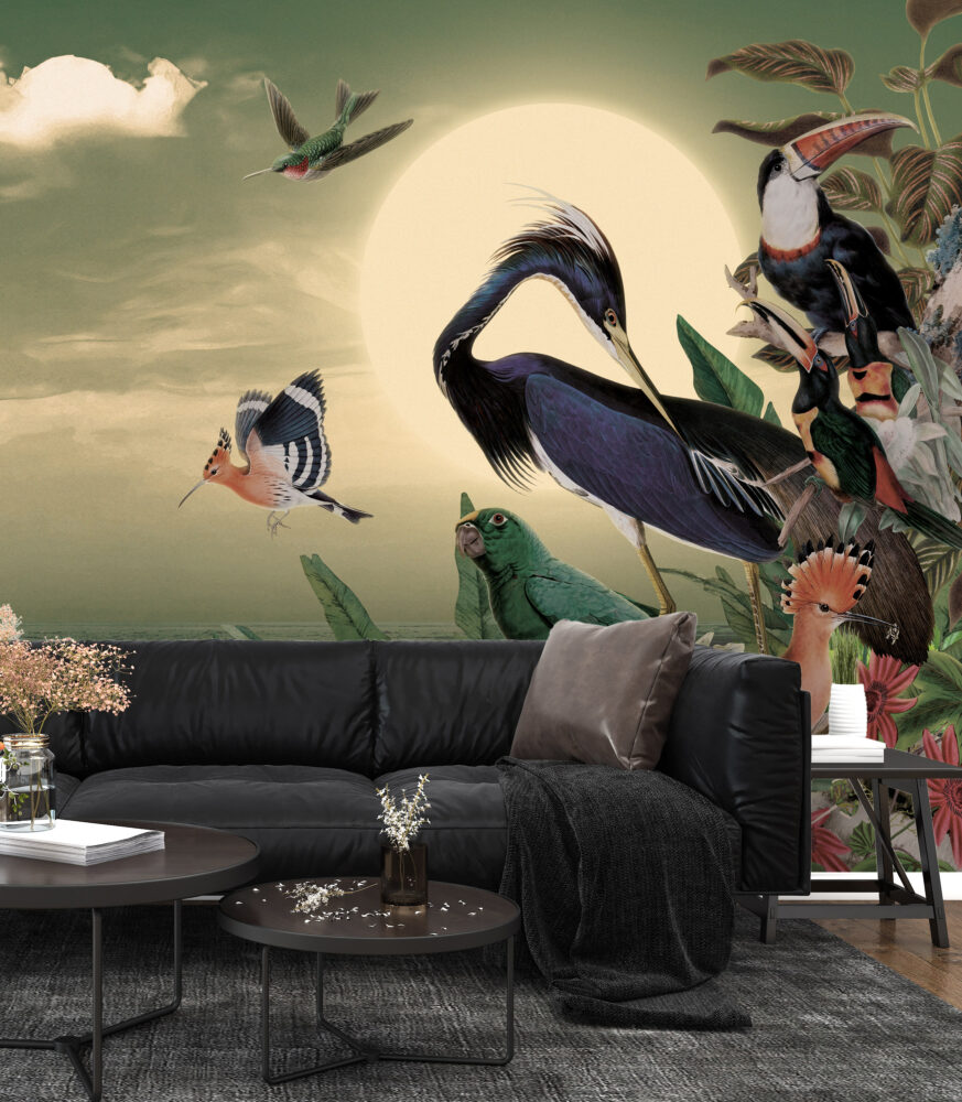 Exotic Birds Wallpaper : Heron and Hoopoe Moonlit Jungle Mural - View 5