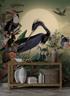 Exotic Birds Wallpaper : Heron and Hoopoe Moonlit Jungle Mural - View 6
