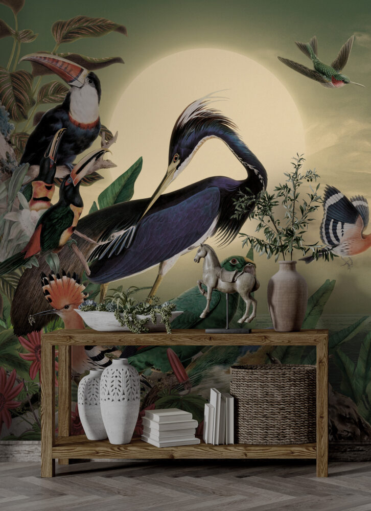 Exotic Birds Wallpaper : Heron and Hoopoe Moonlit Jungle Mural - View 6