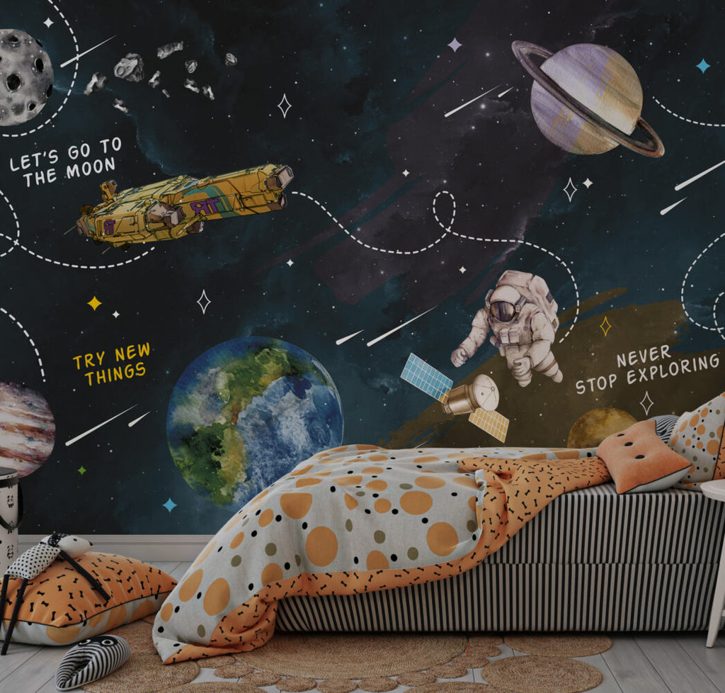 Space Adventure Wallpaper : Planets, Spaceship and Astronaut Mural - View 3