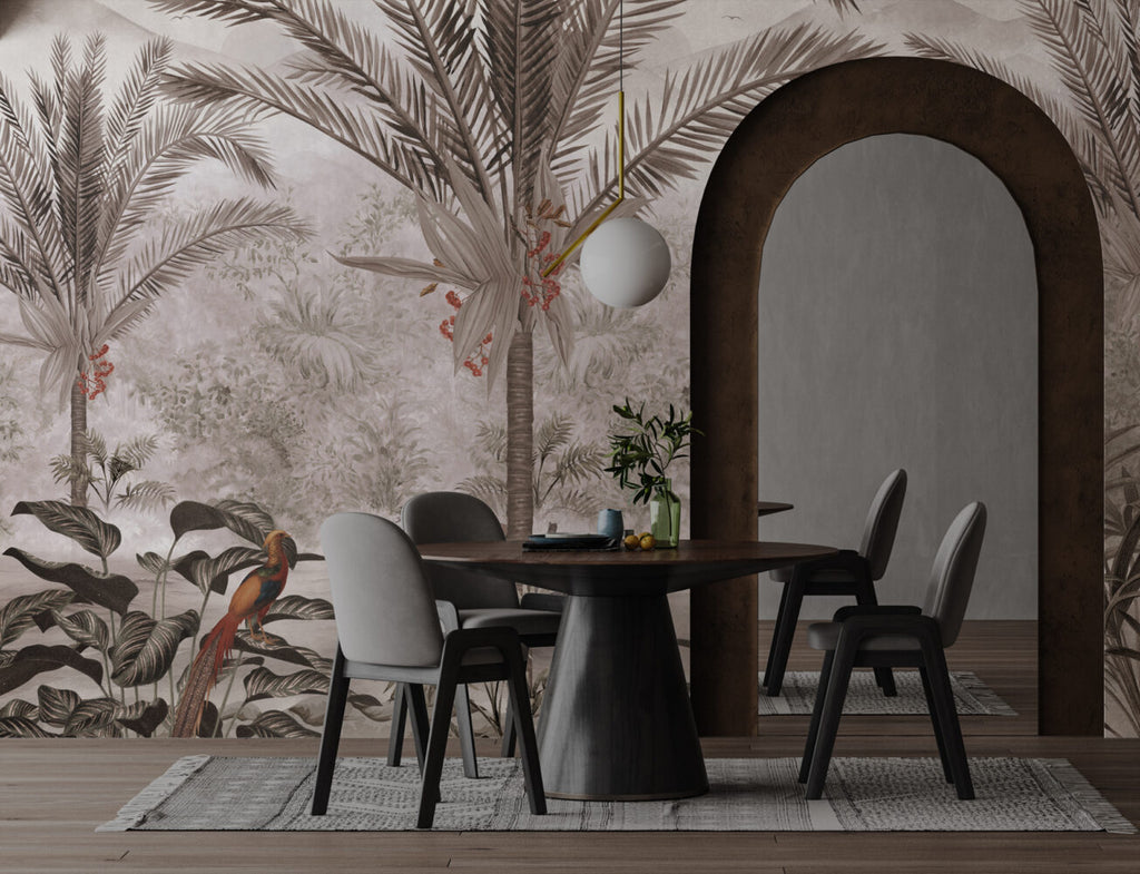 Misty Palm Lake Wallpaper : Rowboat Tropical Landscape Mural - View 3