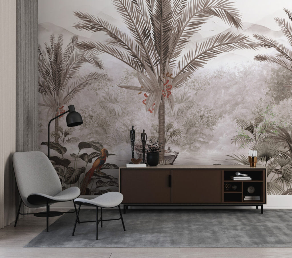 Misty Palm Lake Wallpaper : Rowboat Tropical Landscape Mural - View 4