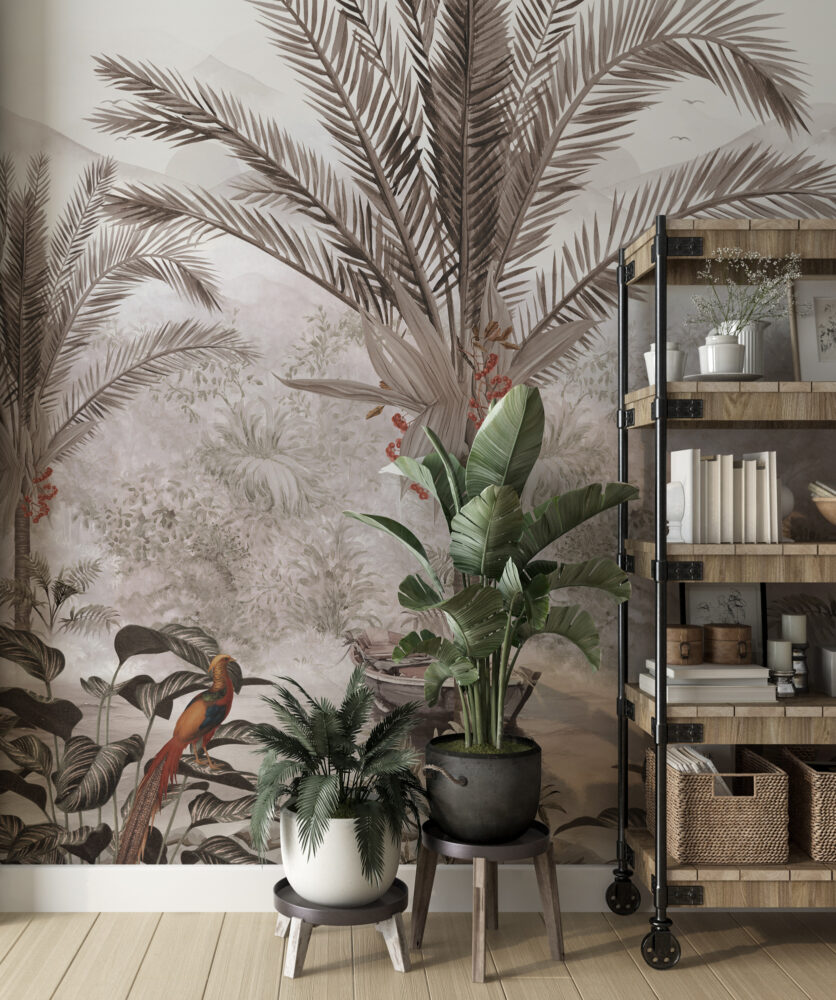 Misty Palm Lake Wallpaper : Rowboat Tropical Landscape Mural - View 5