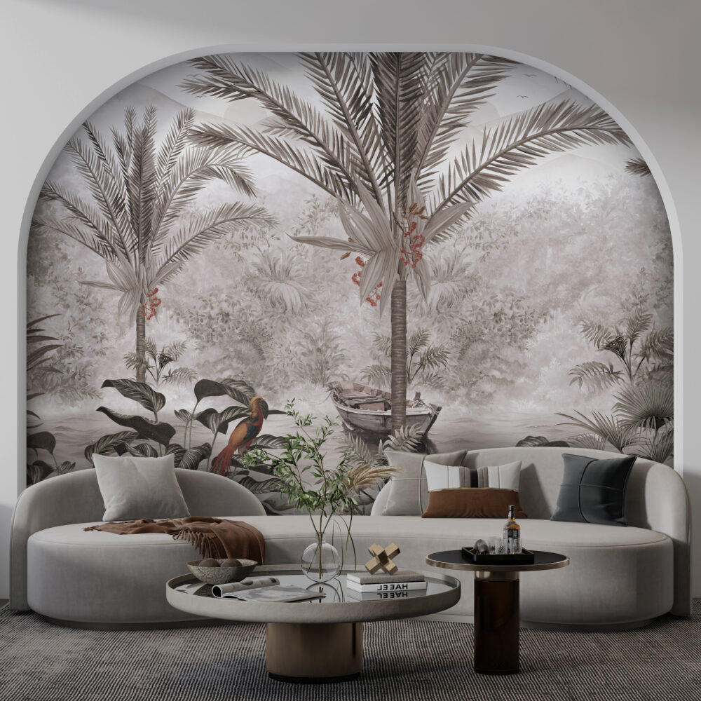 Misty Palm Lake Wallpaper : Rowboat Tropical Landscape Mural