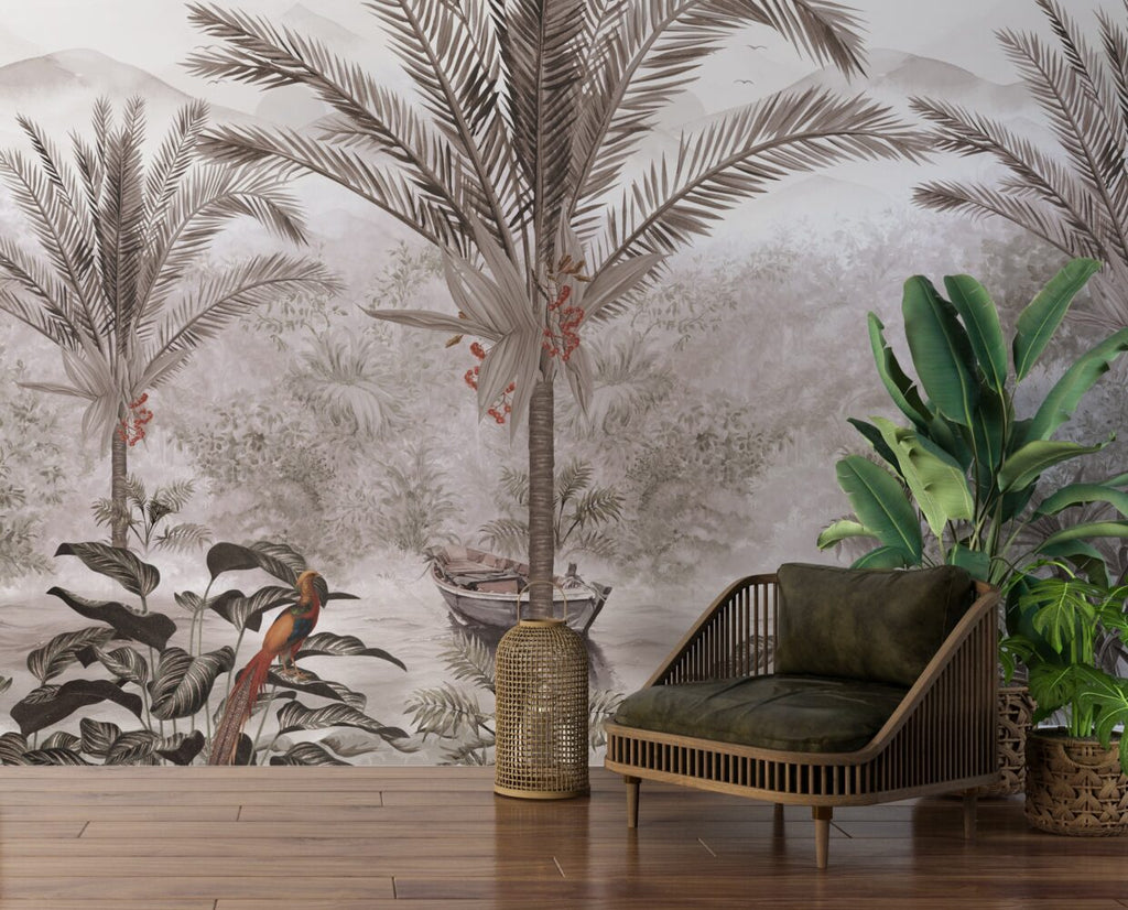 Misty Palm Lake Wallpaper : Rowboat Tropical Landscape Mural - View 6