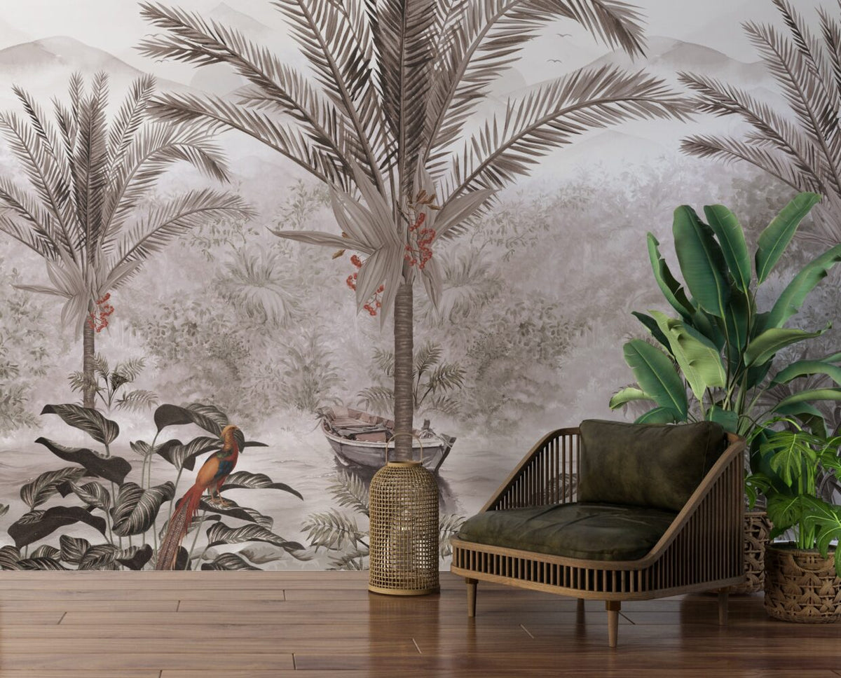 Misty Palm Lake Wallpaper : Rowboat Tropical Landscape Mural - View 6