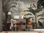 Retro Jungle Script Wallpaper : Birds and Monkeys Mural