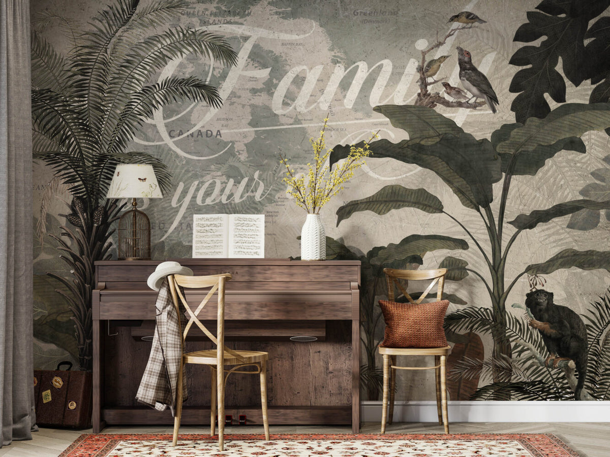 Retro Jungle Script Wallpaper : Birds and Monkeys Mural