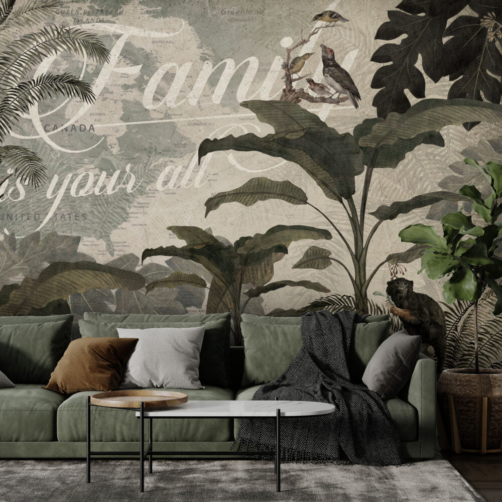 Retro Jungle Script Wallpaper : Birds and Monkeys Mural - View 3