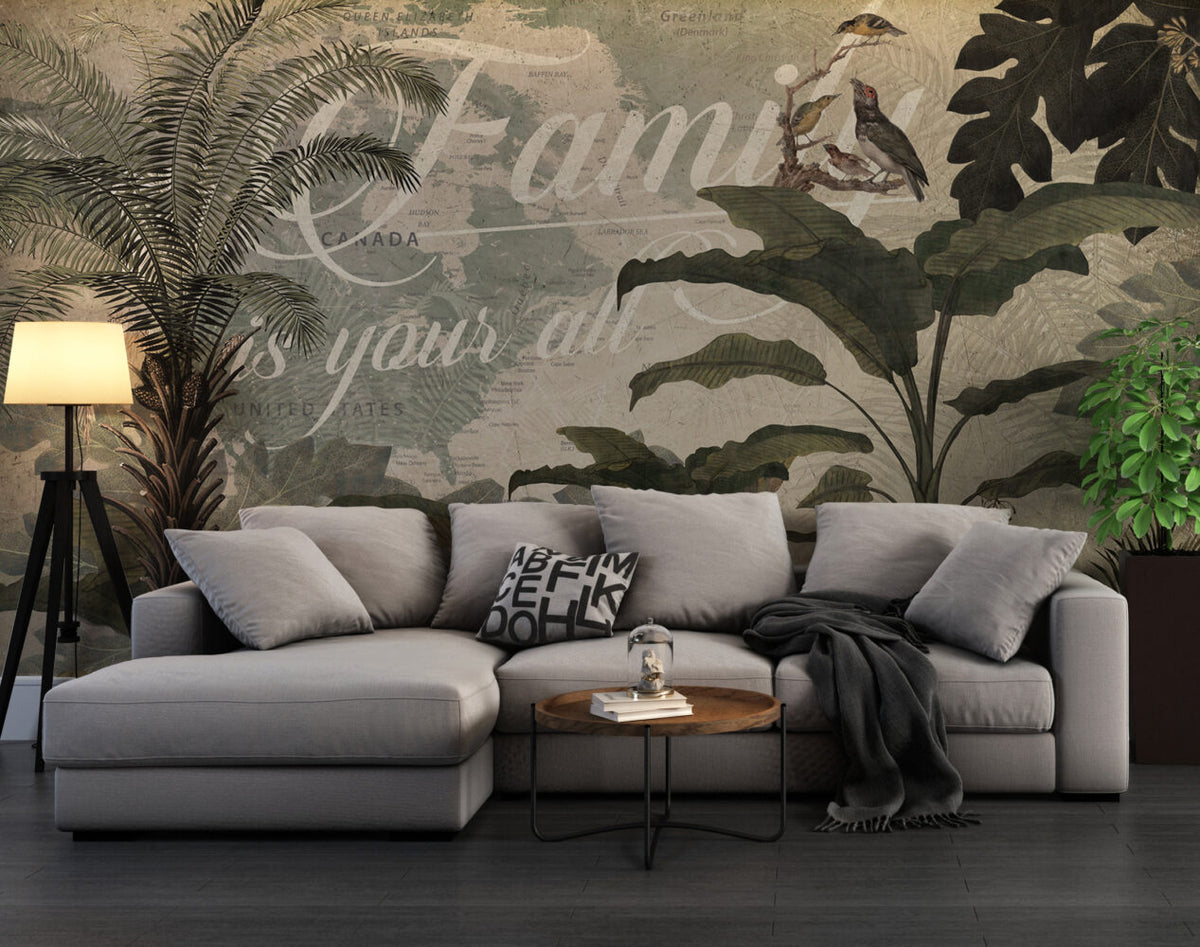 Retro Jungle Script Wallpaper : Birds and Monkeys Mural - View 4