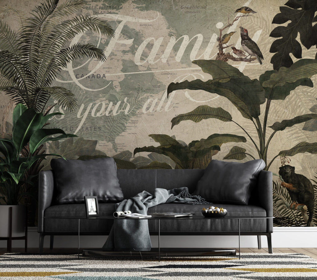 Retro Jungle Script Wallpaper : Birds and Monkeys Mural - View 5