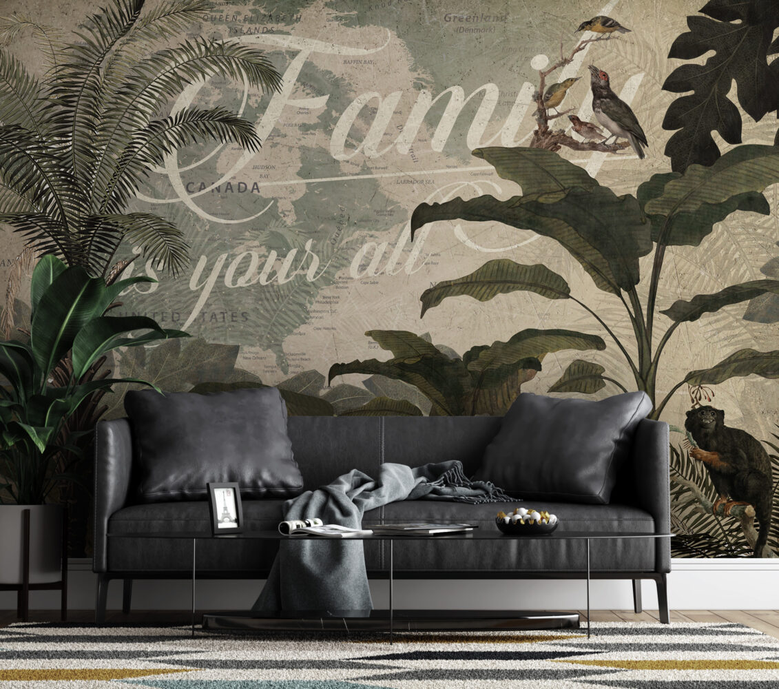 Retro Jungle Script Wallpaper : Birds and Monkeys Mural - View 5