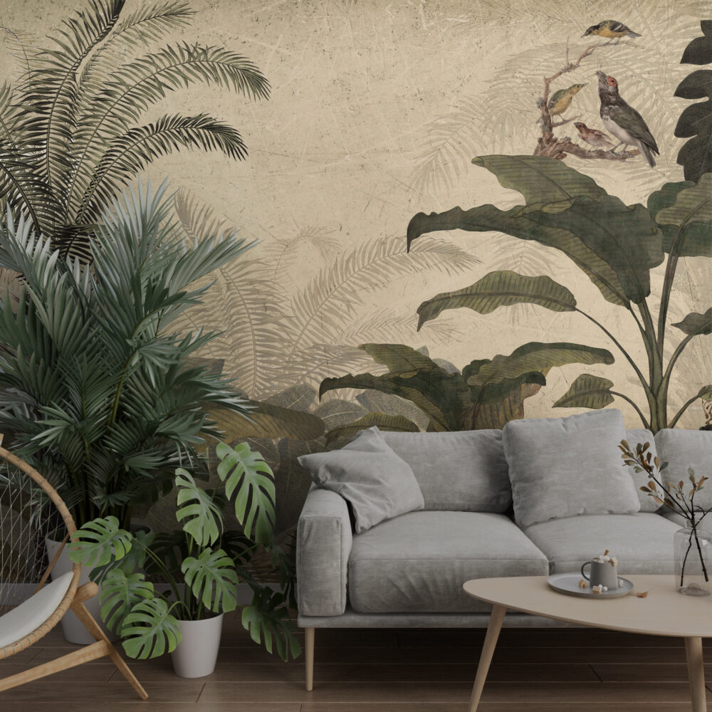 Sand Retro Jungle Wallpaper : Birds and Monkeys Mural - View 5