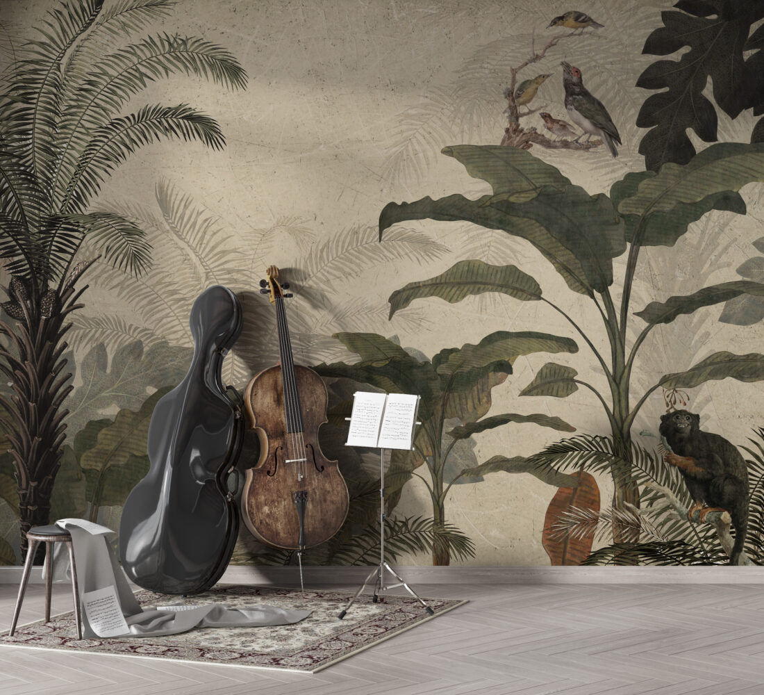 Sand Retro Jungle Wallpaper : Birds and Monkeys Mural