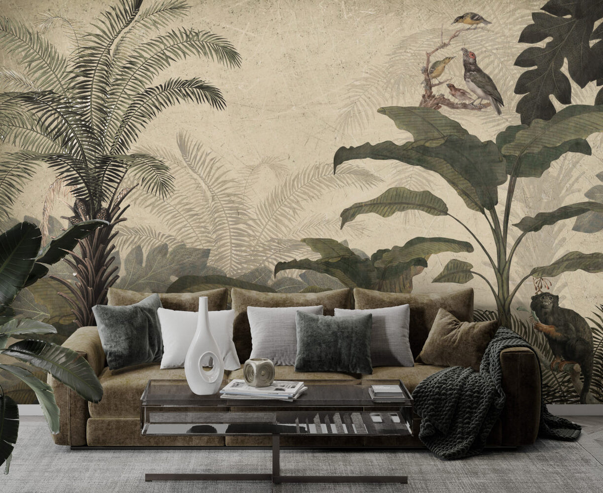 Sand Retro Jungle Wallpaper : Birds and Monkeys Mural - View 4