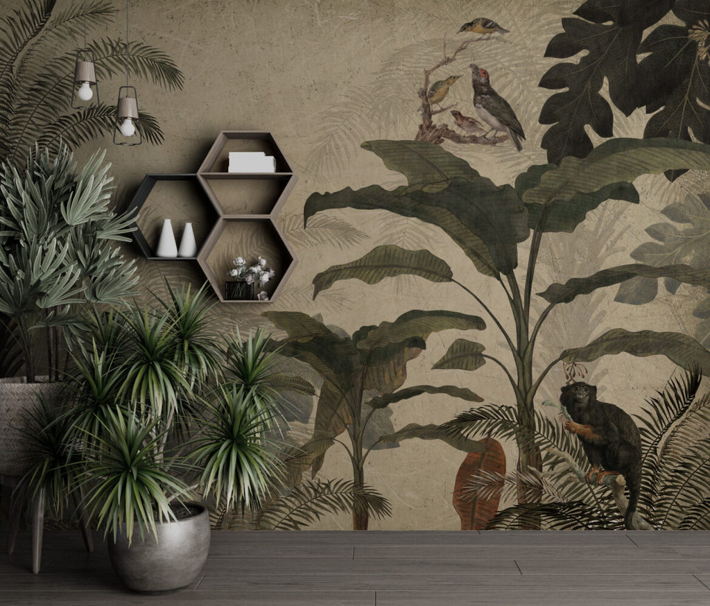 Sand Retro Jungle Wallpaper : Birds and Monkeys Mural - View 3