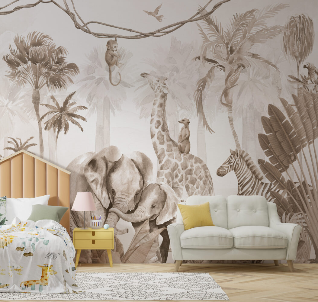Sepia Elephant Family Wallpaper : Jungle Animals Mural - View 3
