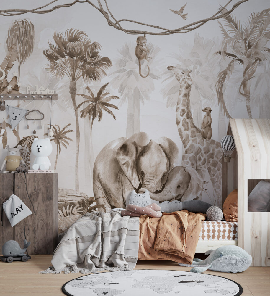 Sepia Elephant Family Wallpaper : Jungle Animals Mural - View 4