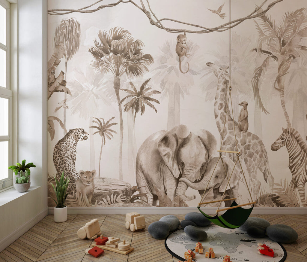 Sepia Elephant Family Wallpaper : Jungle Animals Mural - View 6