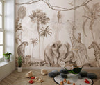 Sepia Elephant Family Wallpaper : Jungle Animals Mural