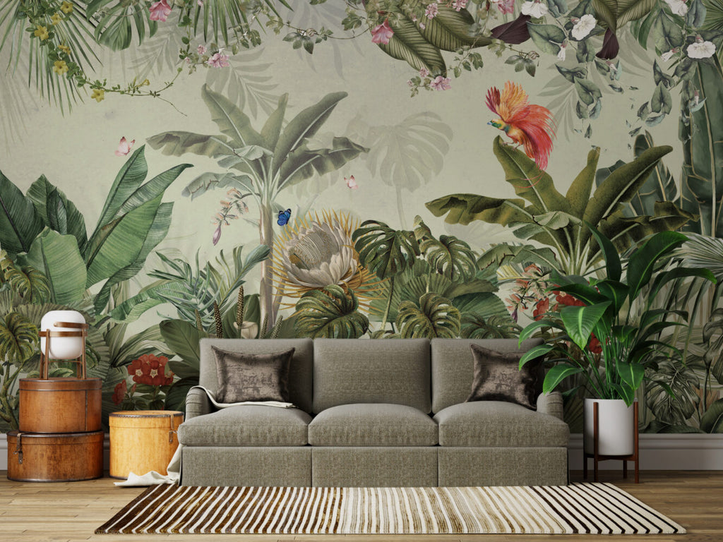 Colorful Tropical Birds Wallpaper : Protea and Monstera Jungle Mural - View 6