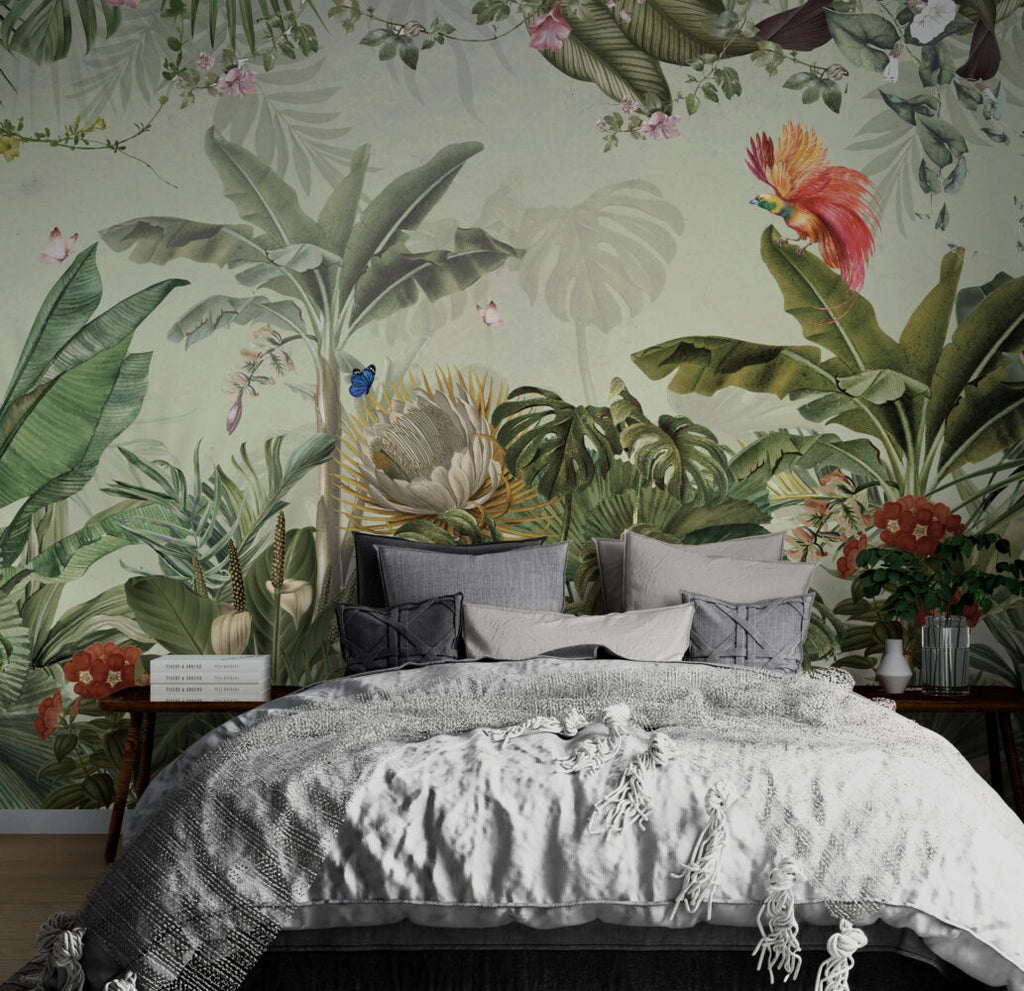 Colorful Tropical Birds Wallpaper : Protea and Monstera Jungle Mural - View 5