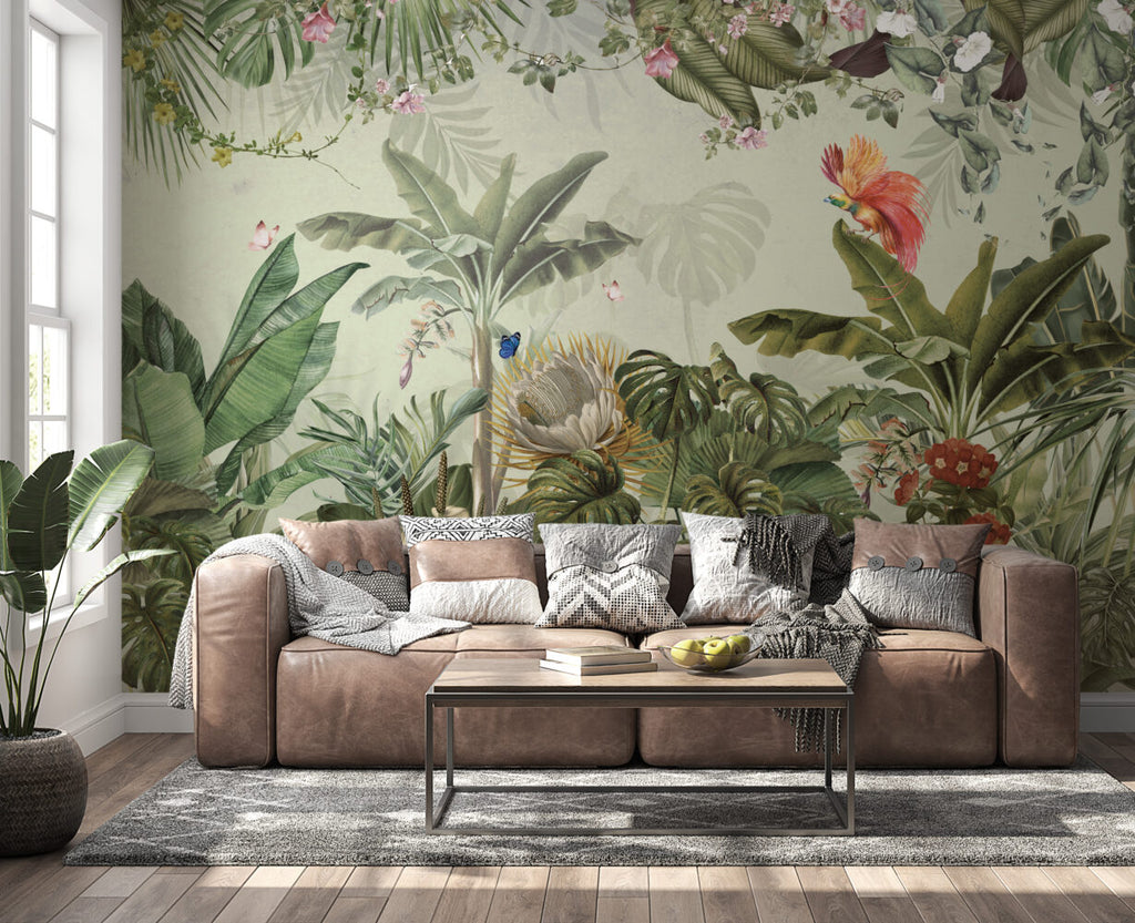 Colorful Tropical Birds Wallpaper : Protea and Monstera Jungle Mural - View 4