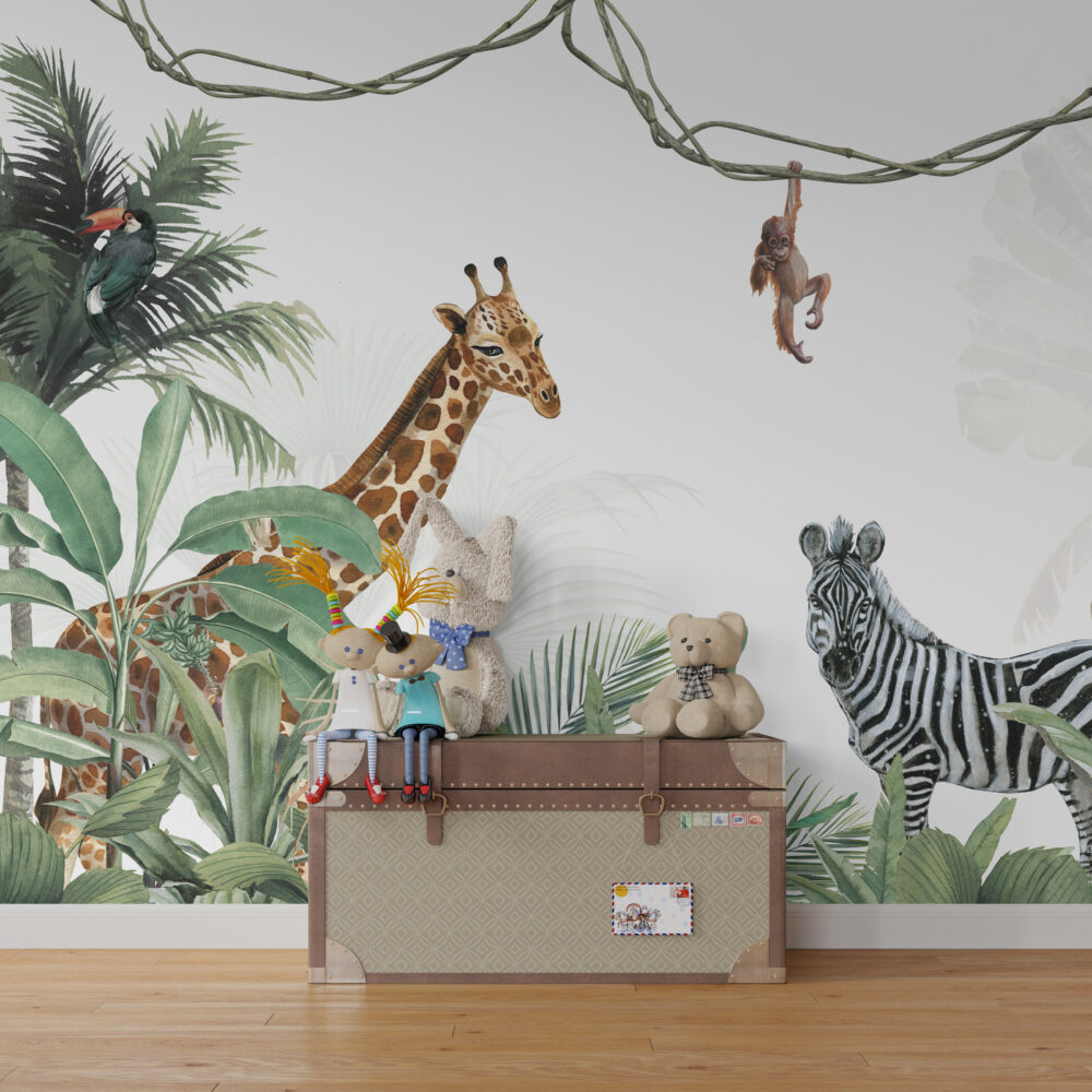 Safari Friends Wallpaper : Giraffe, Zebra and Palms Kids Mural - View 5