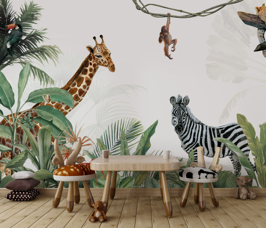 Safari Friends Wallpaper : Giraffe, Zebra and Palms Kids Mural - View 6