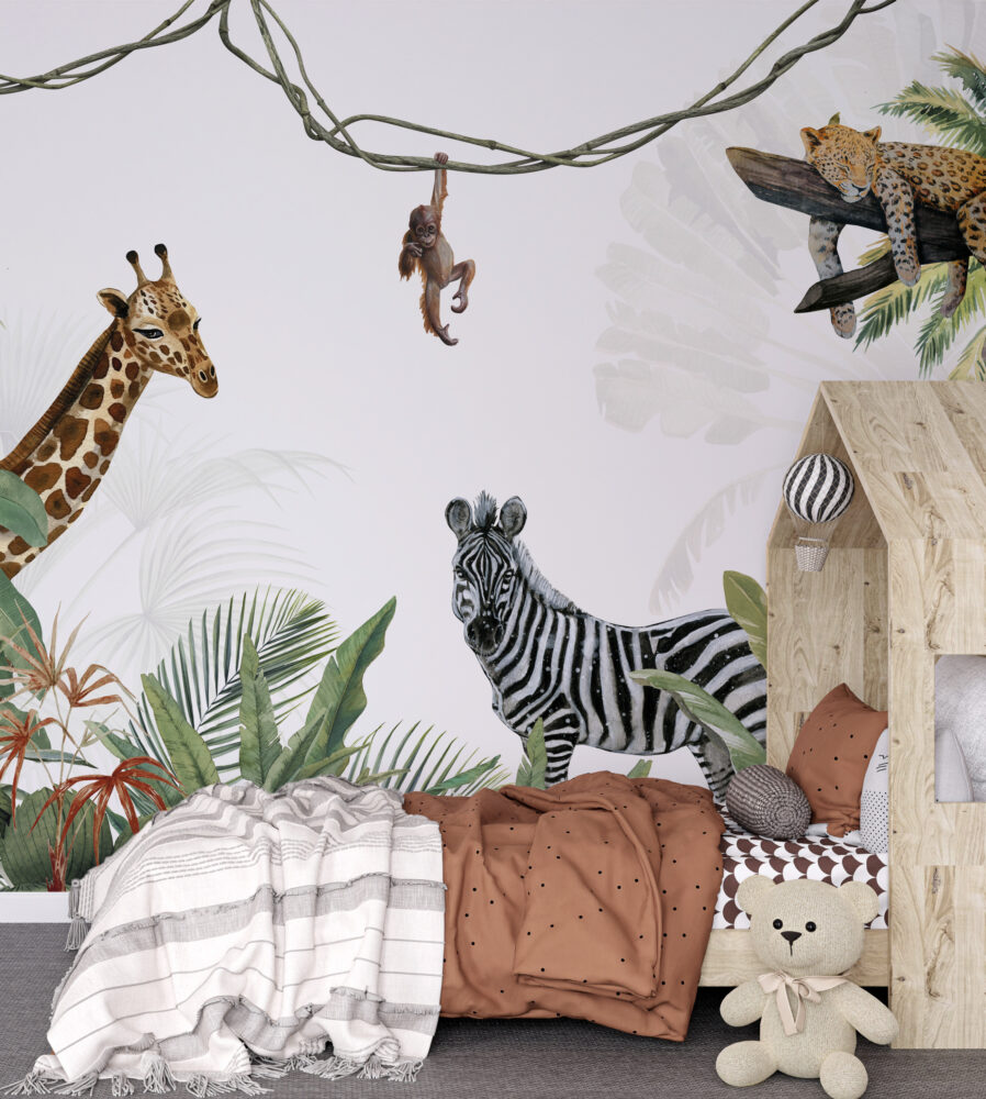 Safari Friends Wallpaper : Giraffe, Zebra and Palms Kids Mural - View 4
