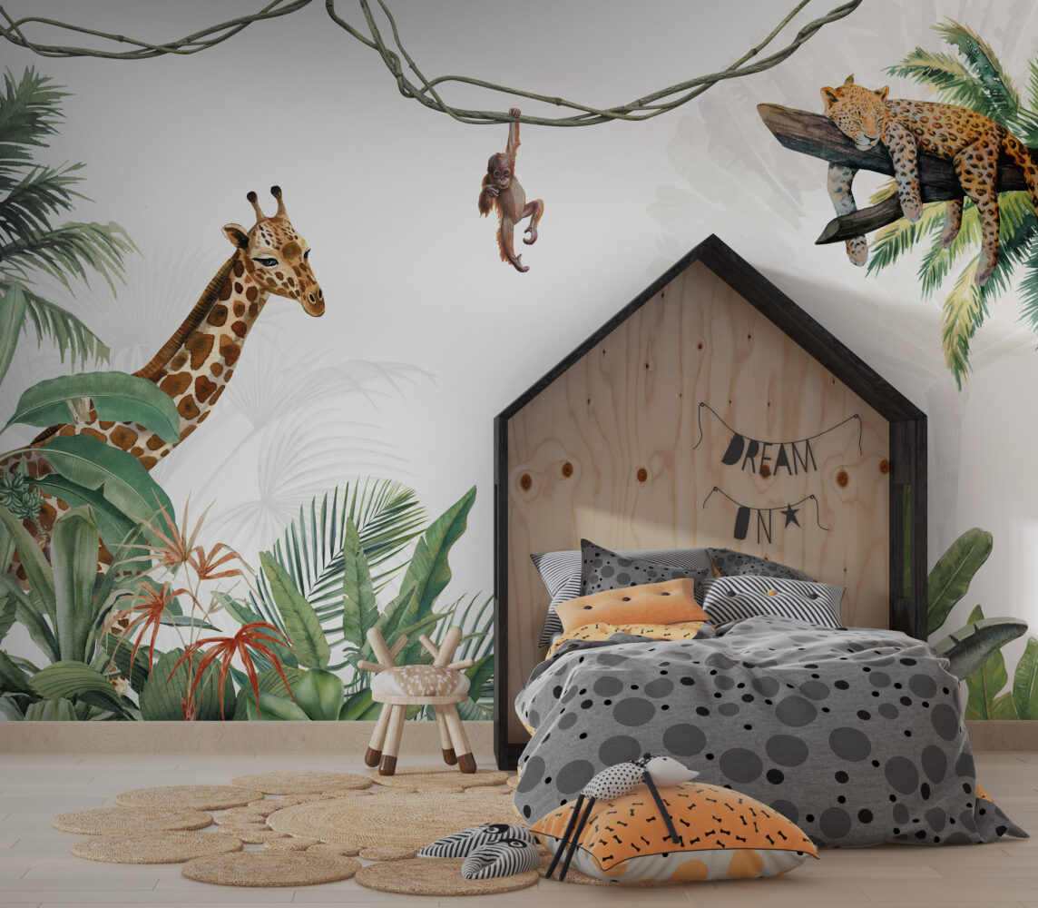 Safari Friends Wallpaper : Giraffe, Zebra and Palms Kids Mural - View 3