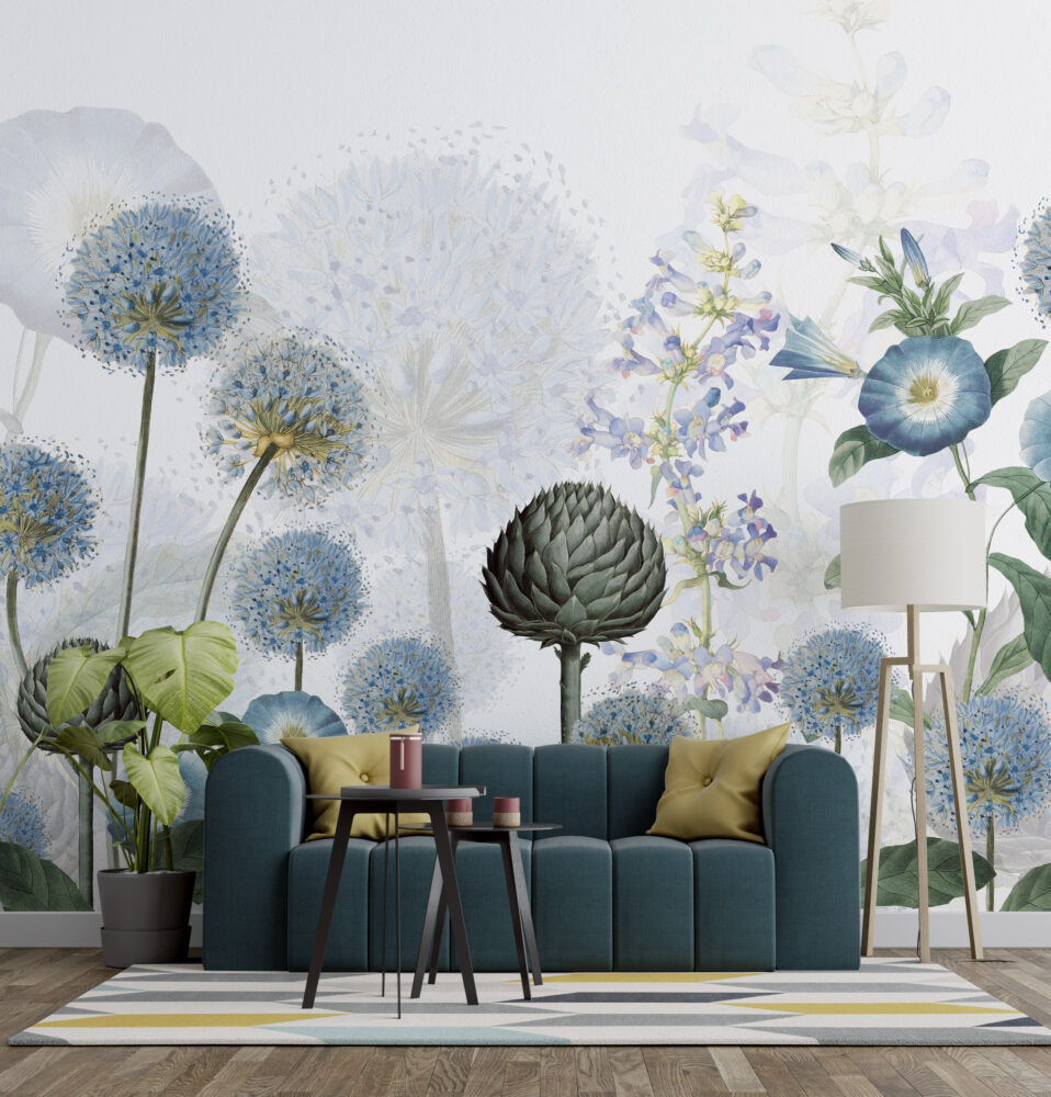 Blue Allium Wallpaper : Dandelion and Morning Glory Mural - View 3