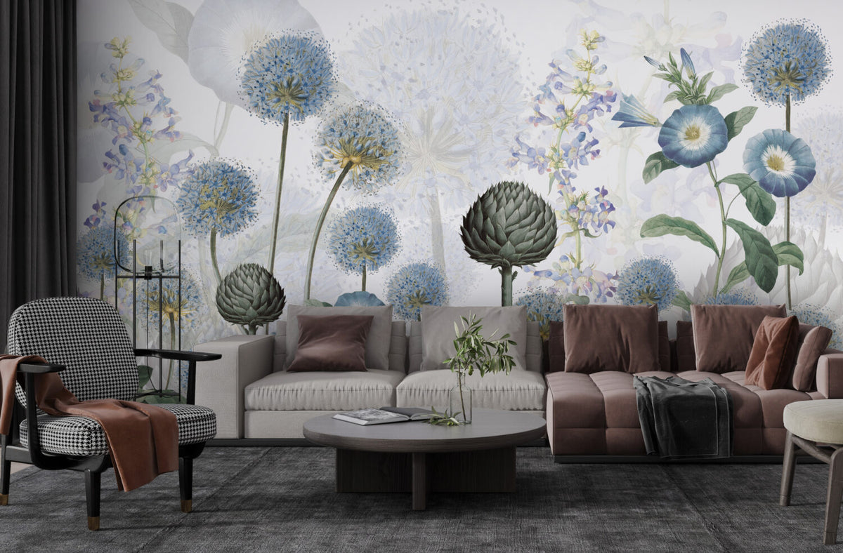 Blue Allium Wallpaper : Dandelion and Morning Glory Mural