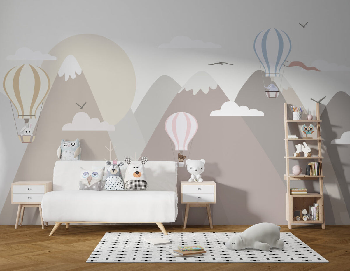 Soft Mountain Balloons Wallpaper : Pastel Peaks Nursery Mural - View 6