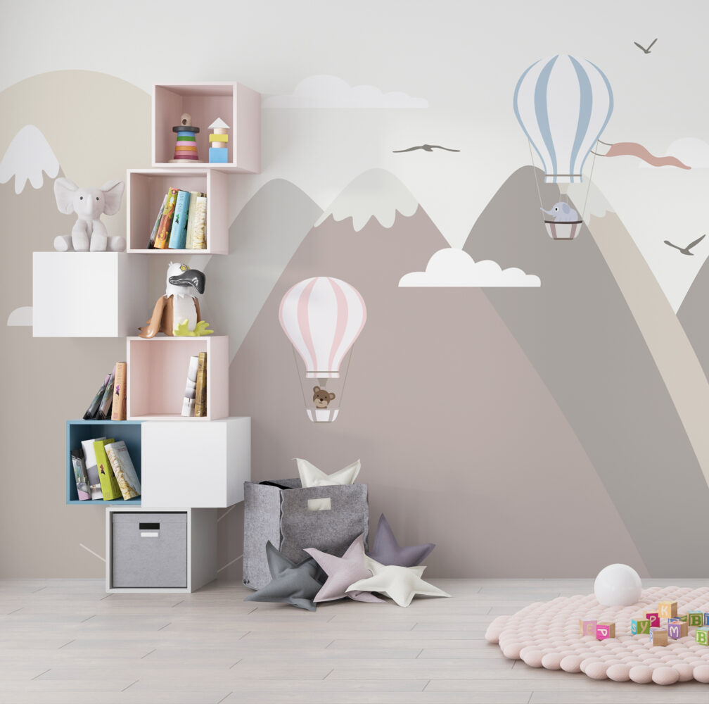 Soft Mountain Balloons Wallpaper : Pastel Peaks Nursery Mural - View 4