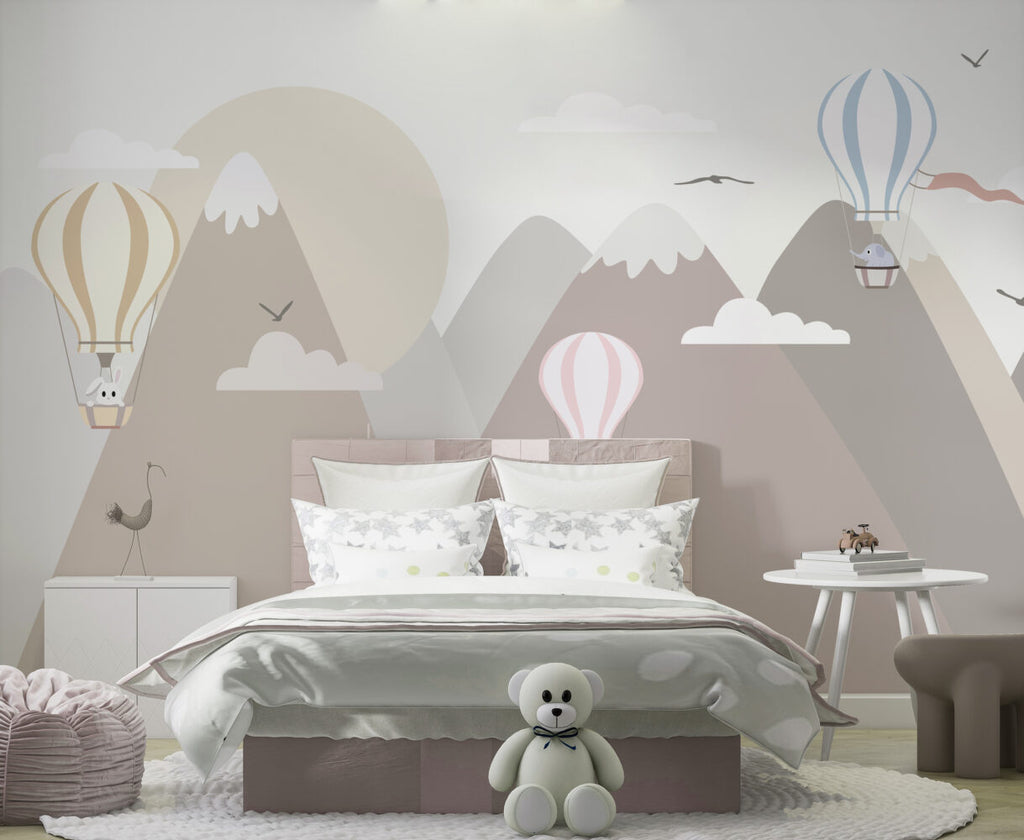 Soft Mountain Balloons Wallpaper : Pastel Peaks Nursery Mural