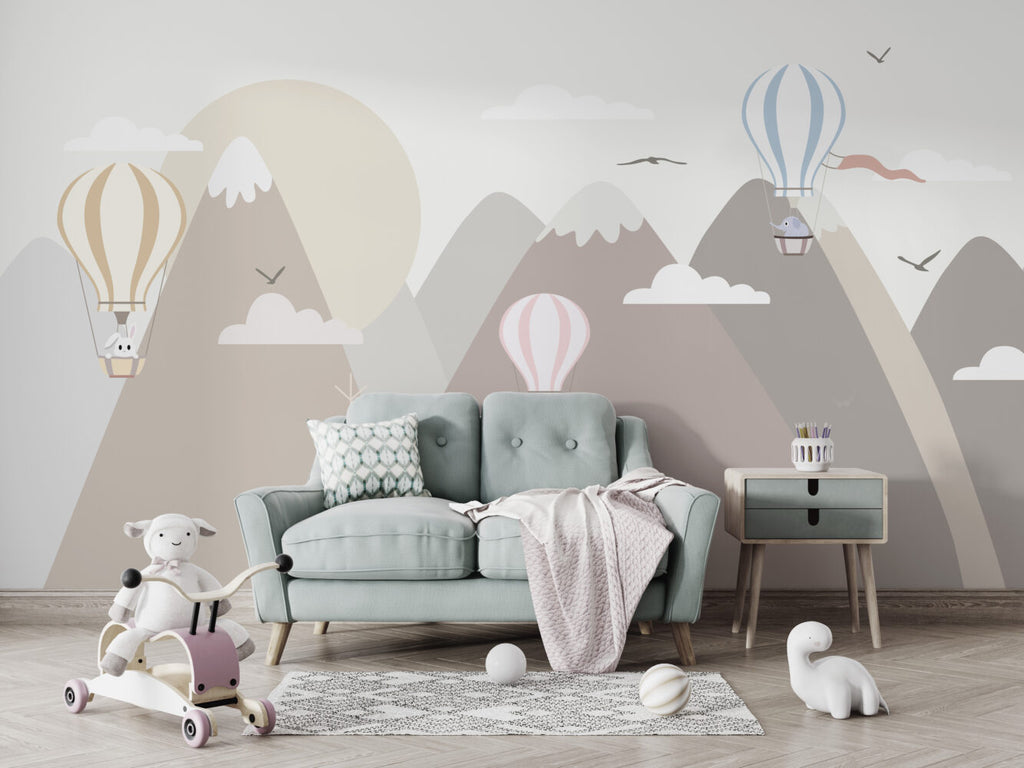 Soft Mountain Balloons Wallpaper : Pastel Peaks Nursery Mural - View 3