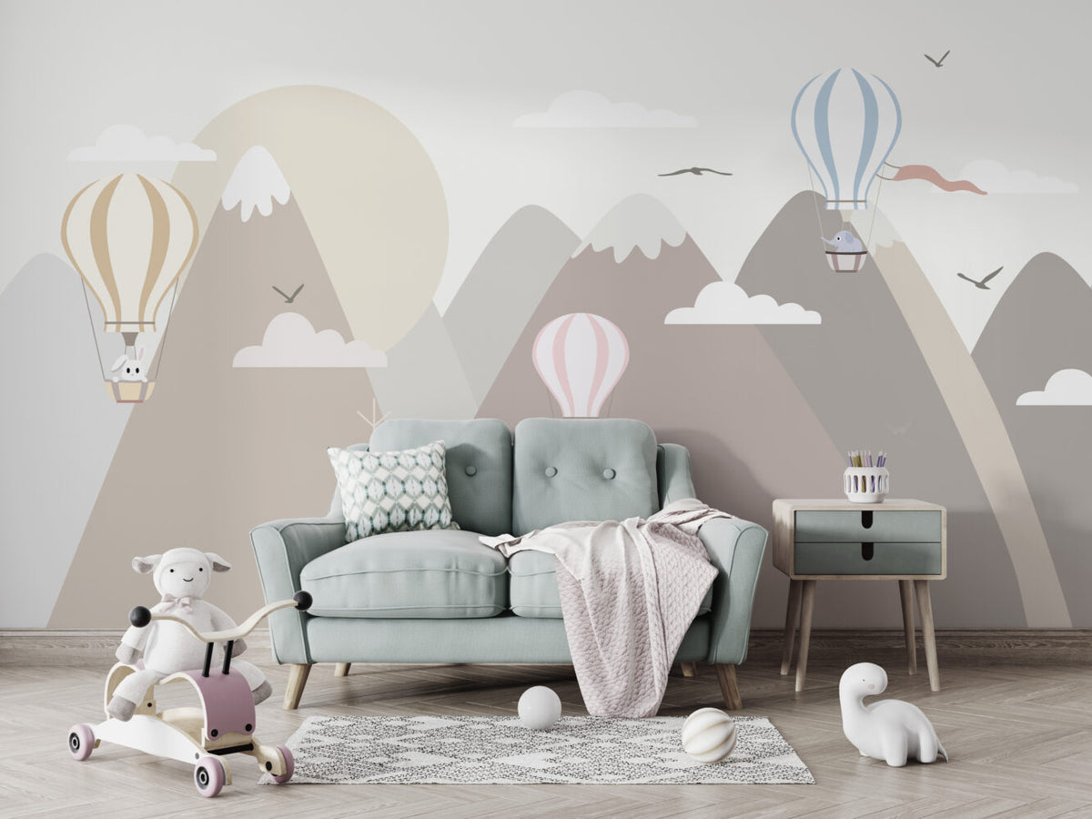 Soft Mountain Balloons Wallpaper : Pastel Peaks Nursery Mural - View 3