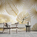 Gold Monstera Line Wallpaper : Tropical Leaf Art Mural