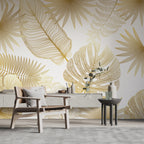 Gold Monstera Line Wallpaper : Tropical Leaf Art Mural