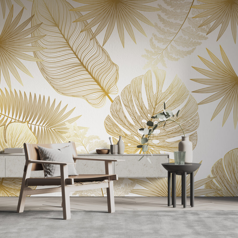 Gold Monstera Line Wallpaper : Tropical Leaf Art Mural