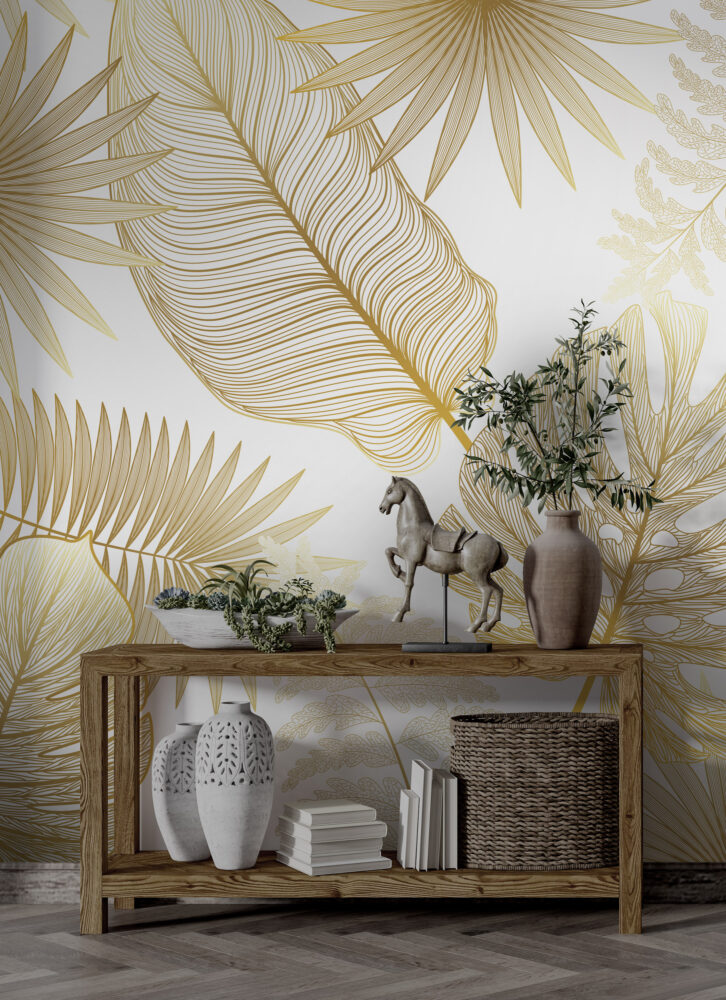 Gold Monstera Line Wallpaper : Tropical Leaf Art Mural - View 6