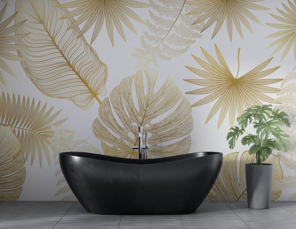 Gold Monstera Line Wallpaper : Tropical Leaf Art Mural - View 3