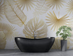 Gold Monstera Line Wallpaper : Tropical Leaf Art Mural - View 3