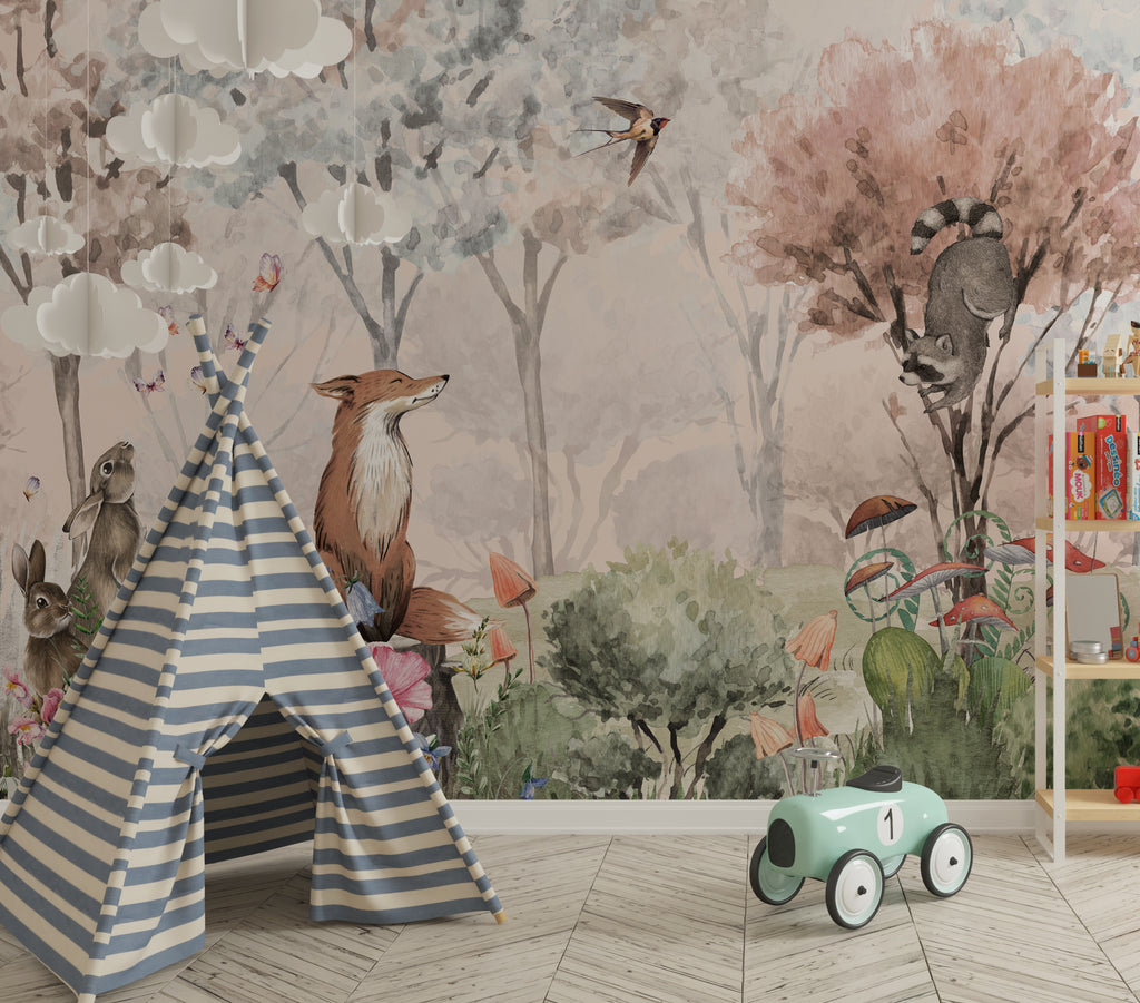 Pastel Forest Animals Wallpaper : Fox and Rabbit Woodland Mural - View 4