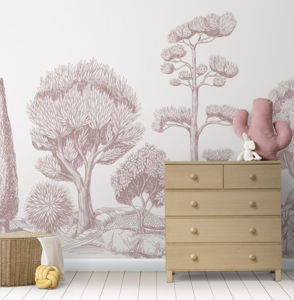 Sepia Line Forest Wallpaper : Toile Tree Sketch Mural - View 3