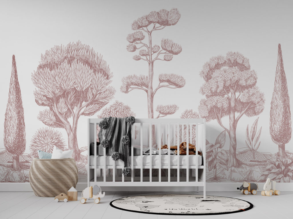 Sepia Line Forest Wallpaper : Toile Tree Sketch Mural - View 4