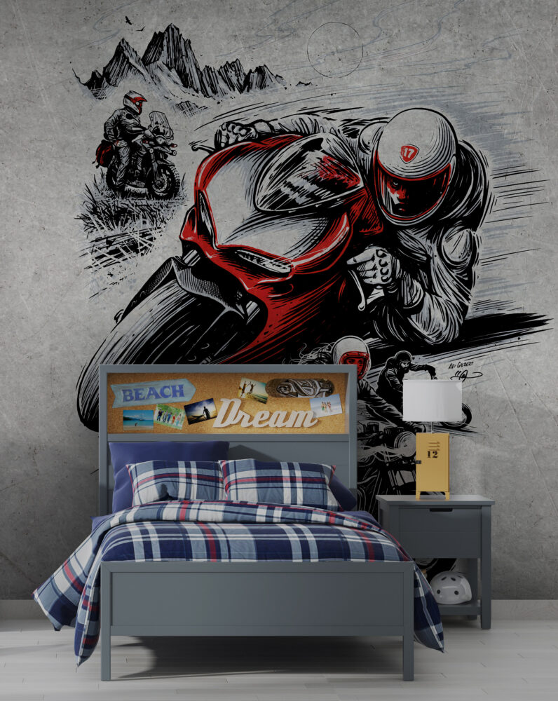 Motorcycle Racing Wallpaper : Red Sport Bike Sketch Mural - View 3