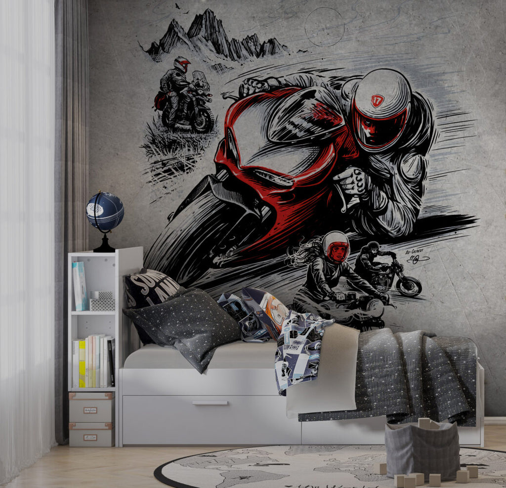 Motorcycle Racing Wallpaper : Red Sport Bike Sketch Mural - View 5